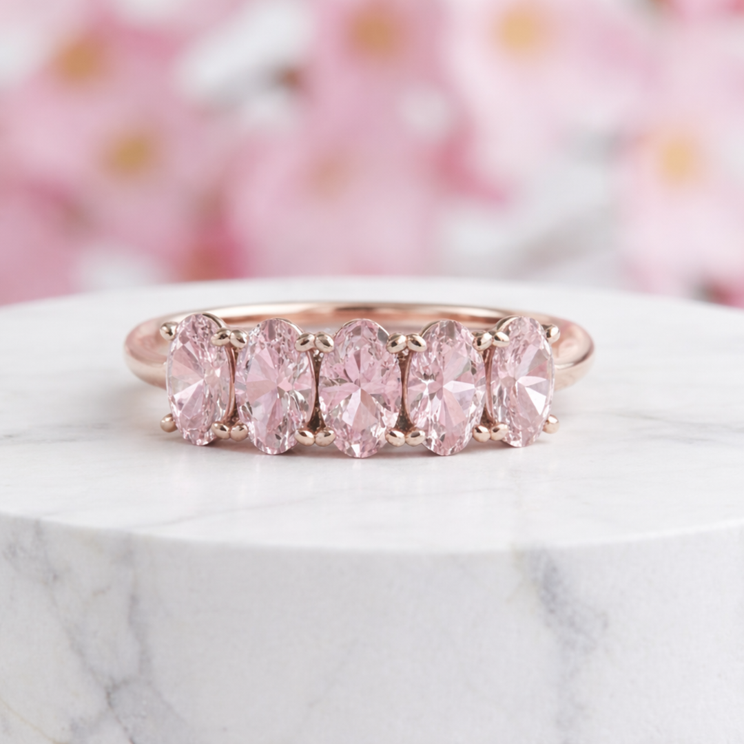 Light Pink Tourmaline Ring, Oval Pink Gemstone Stackable Band in Rose Gold, 5 Stone Anniversary Band, October Birthstone Ring | Rare Earth Jewelry