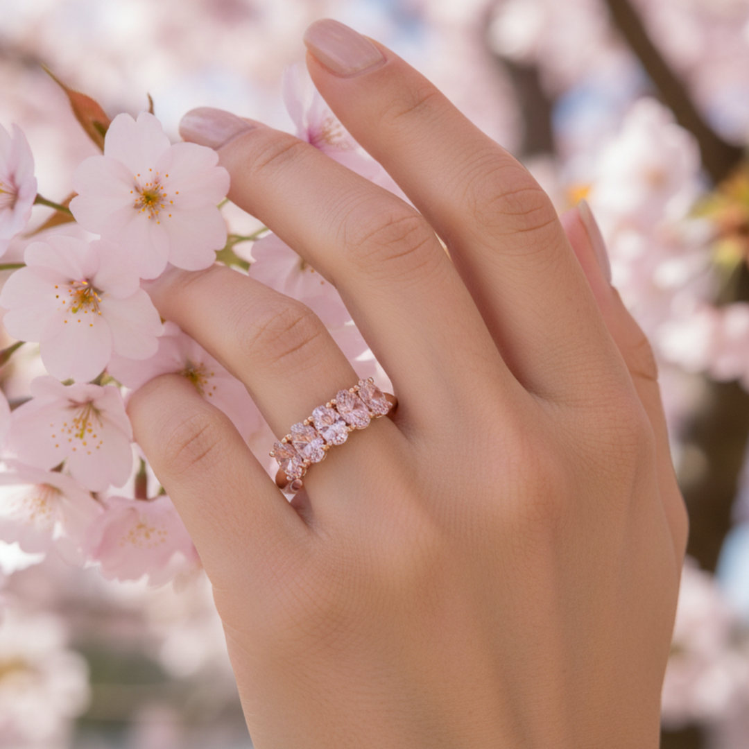 Natural Pink Tourmaline Ring in Rose Gold with 5 Oval Light Pastel Pink  Gemstones shown on the Hand | Rare Earth Jewelry
