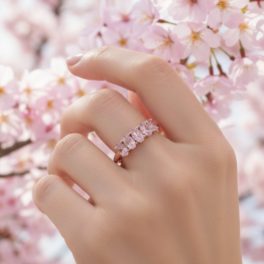 Five Stone Oval Pink Tourmaline Ring, Pink Stone Stackable Band, Natural Light Pink Gemstone Ring shown on the Finger | Rare Earth Jewelry