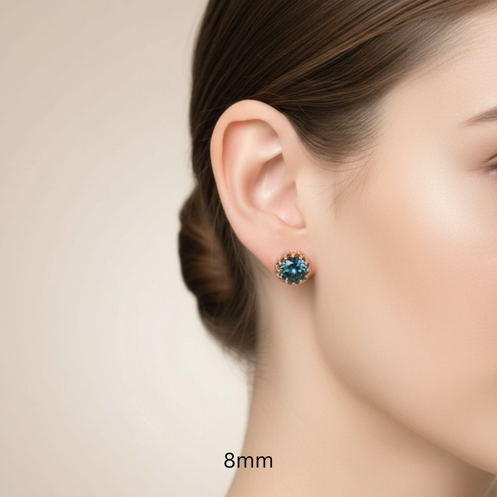 London Blue Topaz Earrings 14K Gold Crown Style Studs with Cabochons, 8mm Size on Ear, December Birthstone Stud Earrings | Rare Earth Jewelry