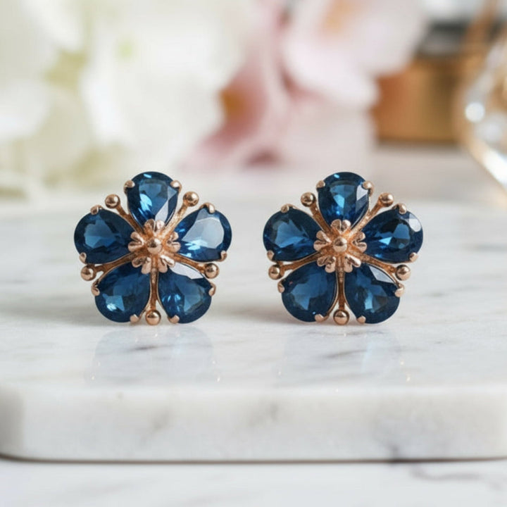 London Blue Topaz Earrings in 14K Gold Flower Shaped Settings, Floral Earrings with Natural Gemstones, December Birthday Gift | Rare Earth Jewelry