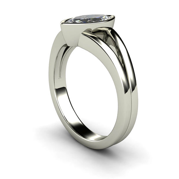 A side view of the Marquise split shank engagement ring in white gold.