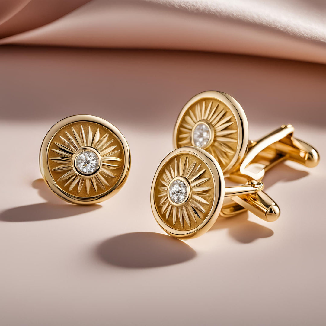 Men's 14K Gold cufflinks and matching tie tack with diamonds in a sunray starburst design from Rare Earth Jewelry.