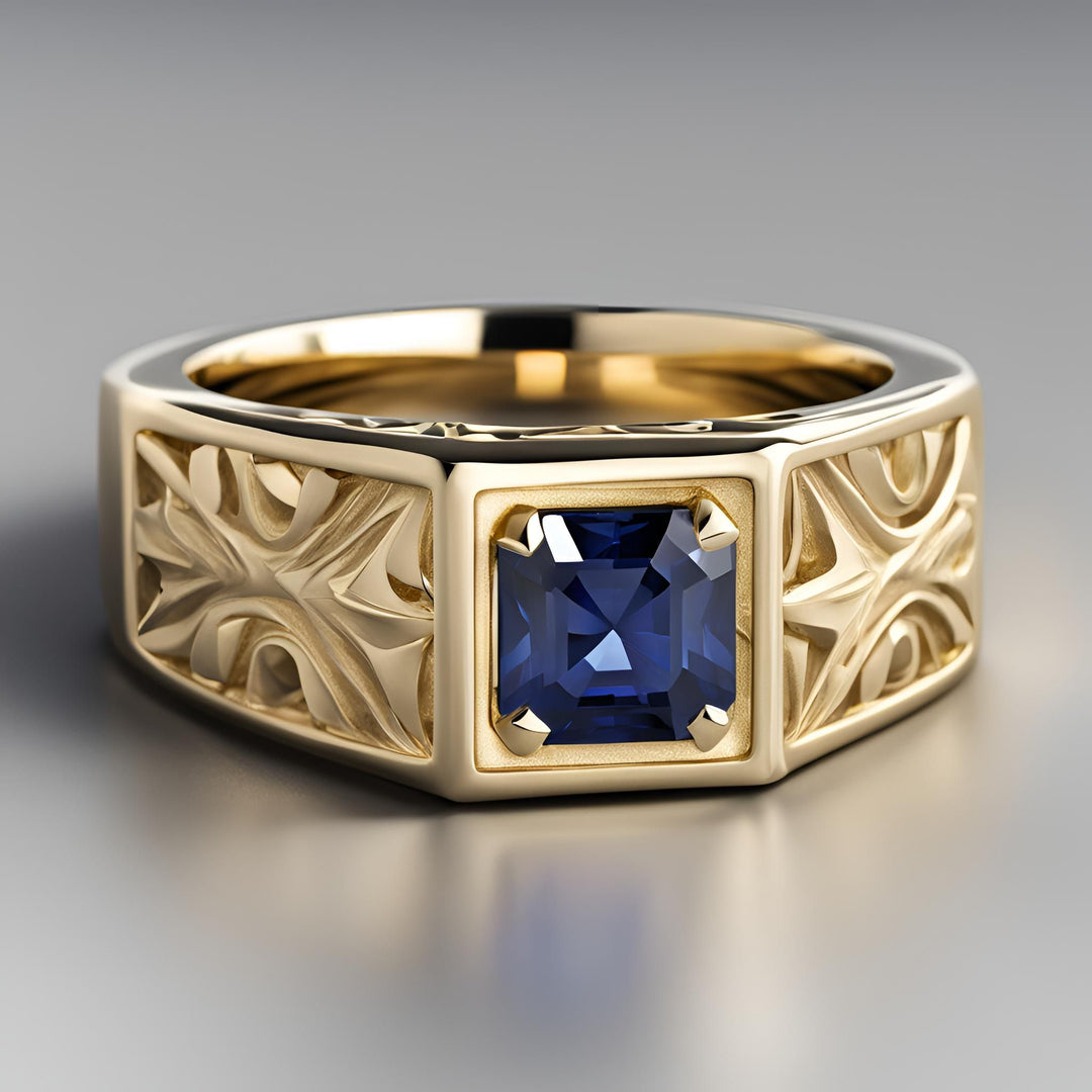 Men's asscher cut blue sapphire ring in 14K Gold with a deeply carved design in yellow gold from Rare Earth Jewelry.