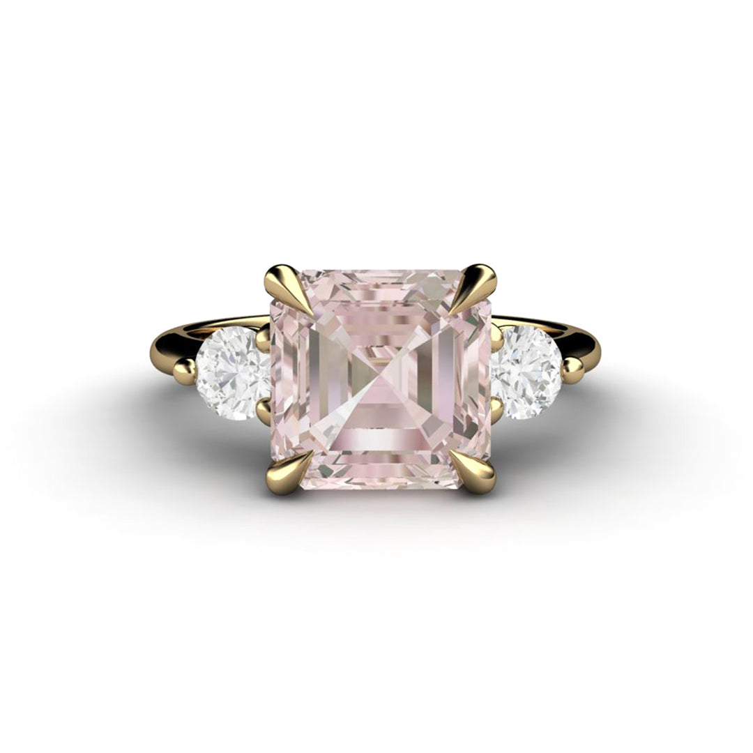 3 Stone Morganite Engagement Ring Asscher Cut with Diamonds and Claw Prongs - Rare Earth Jewelry