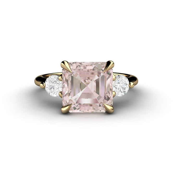 3 Stone Morganite Engagement Ring Asscher Cut with Diamonds and Claw Prongs - Rare Earth Jewelry