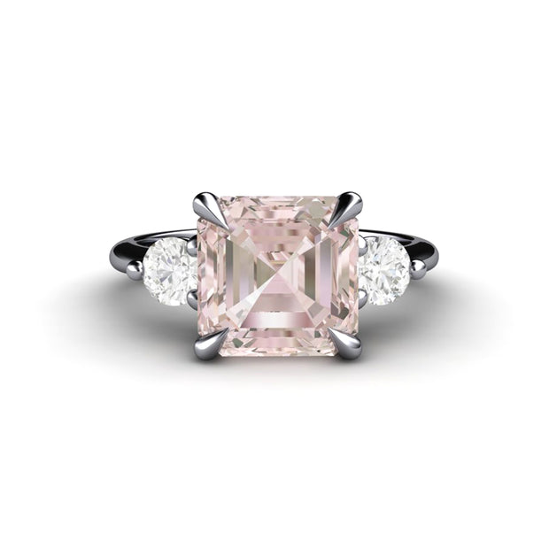 3ct Asscher Morganite Engagement Ring Three Stone | Rare Earth Jewelry