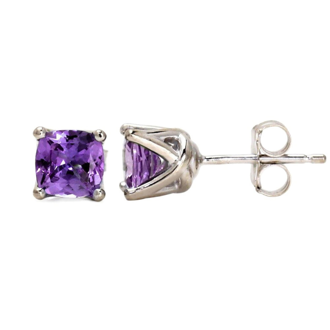 Natural Amethyst Stud Earrings in 14K Gold – Cushion Cut February Birthstone Earrings with Woven Prongs