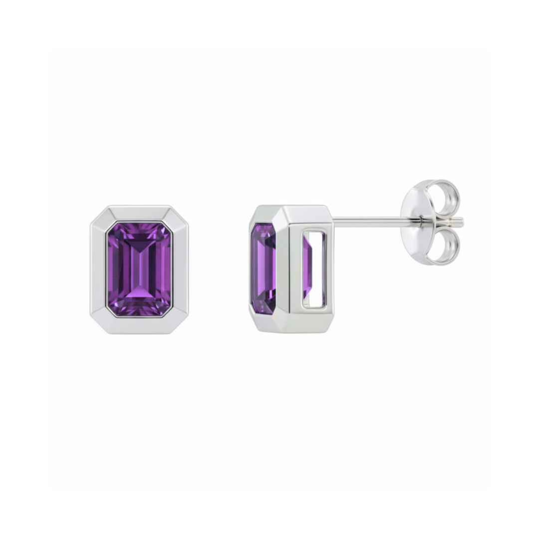 Natural Amethyst Studs in 14K Gold,  Emerald Cut Amethyst Earrings in White Gold Bezel Settings | Rare Earth Jewelry
