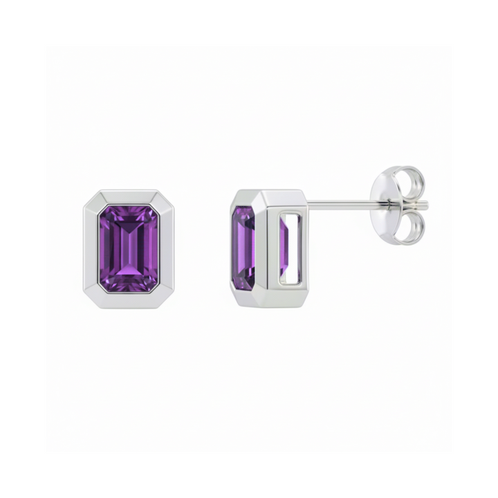 Natural Amethyst Studs in 14K Gold,  Emerald Cut Amethyst Earrings in White Gold Bezel Settings | Rare Earth Jewelry