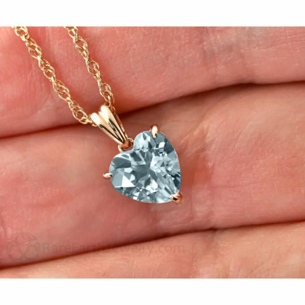 Natural Aquamarine Heart Necklace,  1.5 Carat Aquamarine Pendant in 14K Gold March Birthstone Jewelry