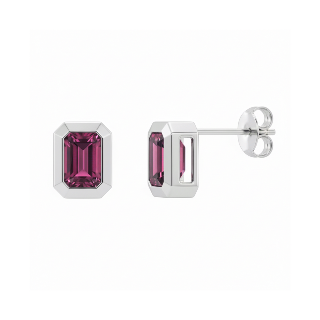 Natural red garnet studs, emerald cut bezel set rhodolite garnet earrings in 14K Gold, January birthday gift idea | Rare Earth Jewelry