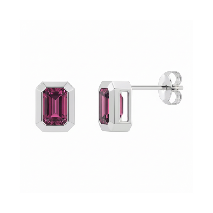 Natural red garnet studs, emerald cut bezel set rhodolite garnet earrings in 14K Gold, January birthday gift idea | Rare Earth Jewelry