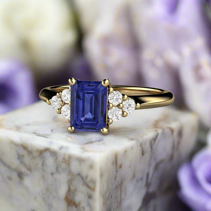 Natural Tanzanite Engagement Ring with Diamond Accents, Hidden Diamonds in the Gallery, Emerald Cut December Birthstone Ring | Rare Earth Jewelry