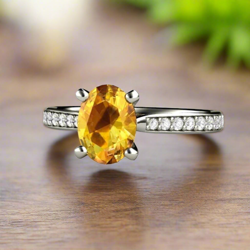Natural Yellow Sapphire Engagement Ring, Classic 4 Prong Solitaire with Diamond Accents | Rare Earth Jewelry