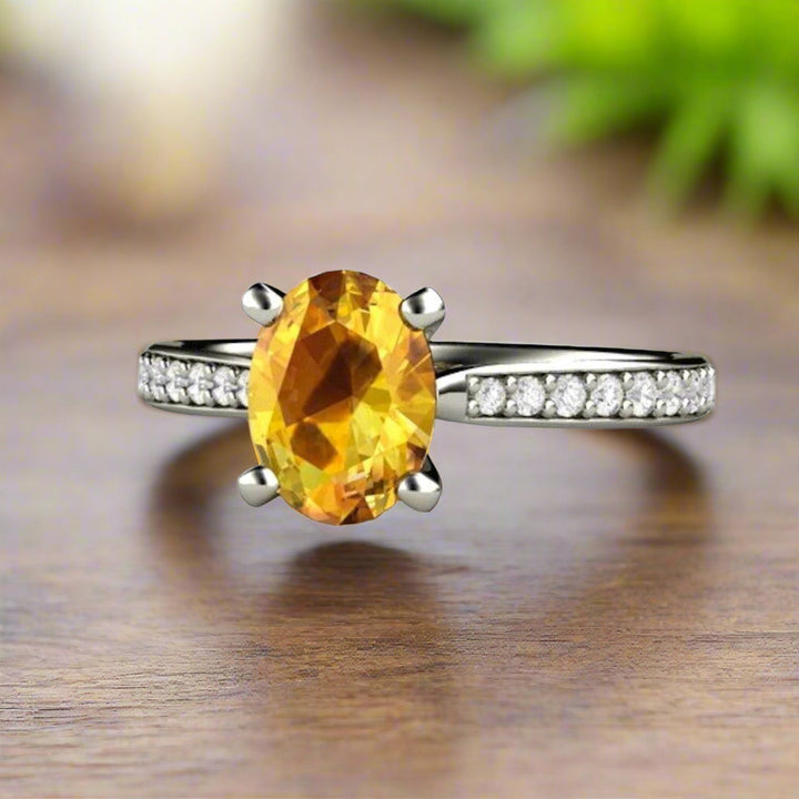 Natural Yellow Sapphire Engagement Ring, Classic 4 Prong Solitaire with Diamond Accents | Rare Earth Jewelry