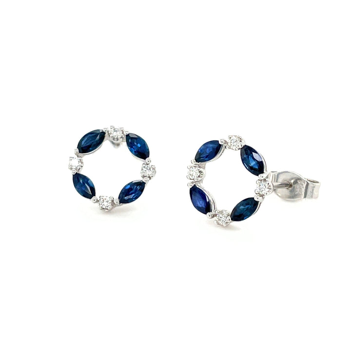 Natural Blue Sapphire Earrings with Diamonds Round Circle Design - Rare Earth Jewelry