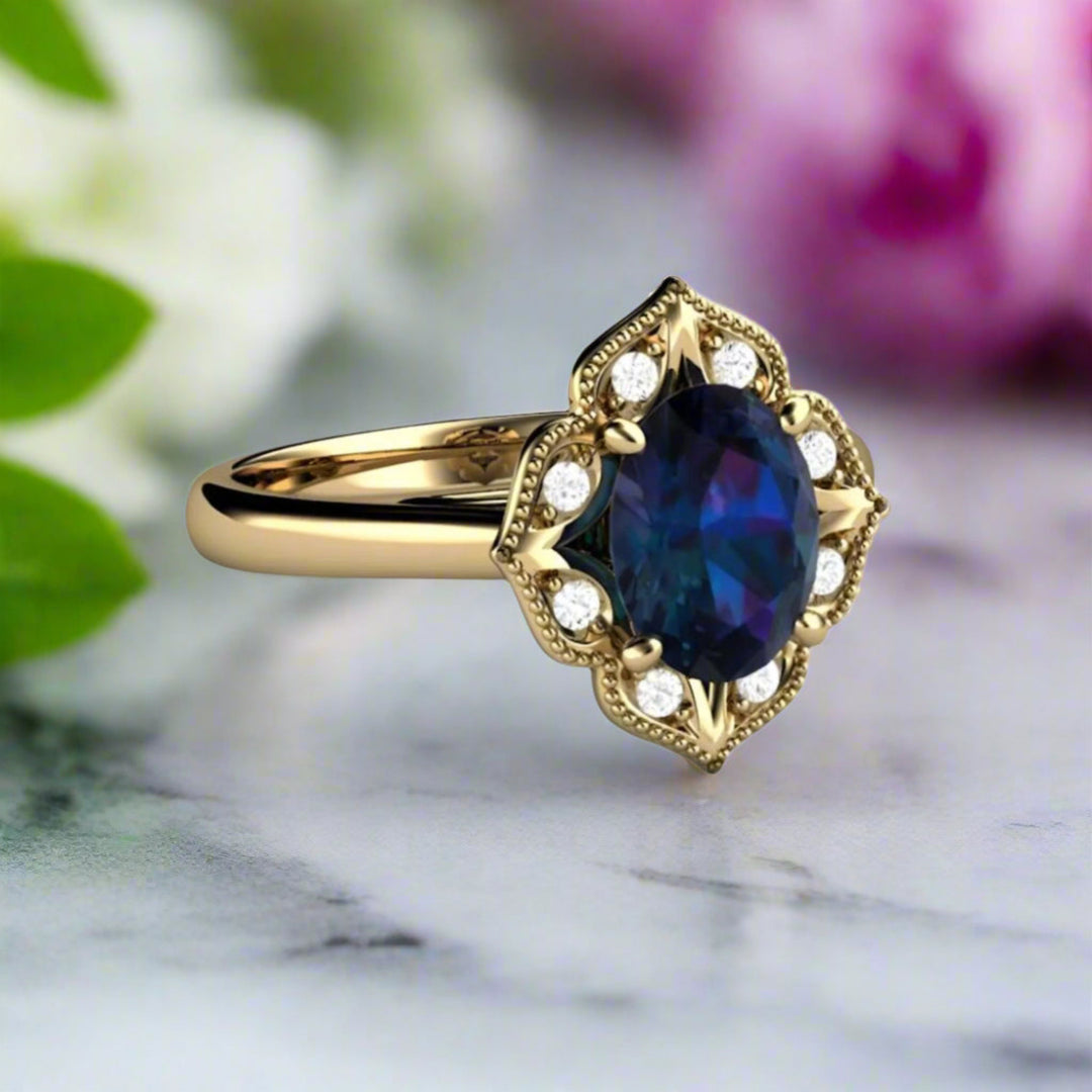 Oval Alexandrite Engagement Ring, Art Deco Style Halo with Color Changing Gemstone, Unique Engagement Ring, 14K or 18K Gold and Platinum | Rare Earth Jewelry