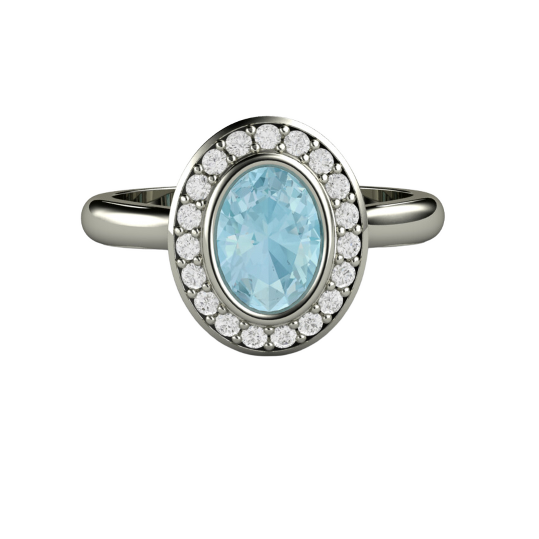 Oval Aquamarine Engagement Ring Bezel Set with Diamond Halo in Gold or Platinum, Natural Aquamarine Ring from Rare Earth Jewelry.