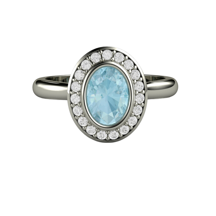 Oval Aquamarine Engagement Ring Bezel Set with Diamond Halo in Gold or Platinum