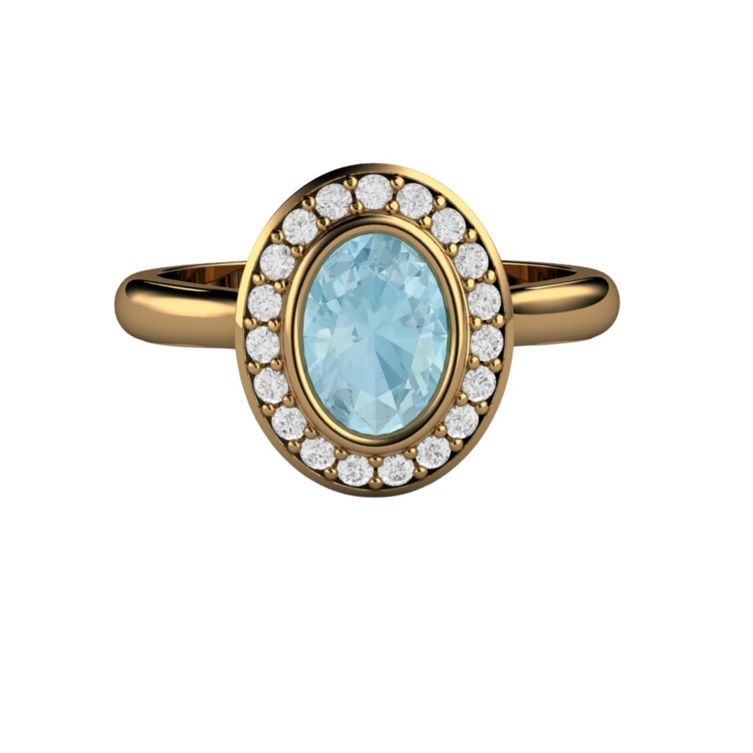 Bezel Set Oval Aquamarine Engagement Ring Oval Diamond Halo Setting in 18K Yellow Gold