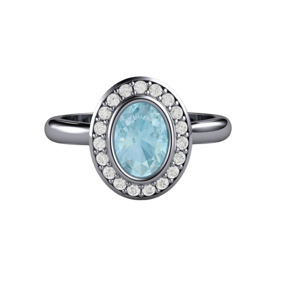 Oval Aquamarine Engagement Ring Modern Bezel Set Design with Diamond Halo Real Natural Aquamarine Ring in Platinum from Rare Earth Jewelry.