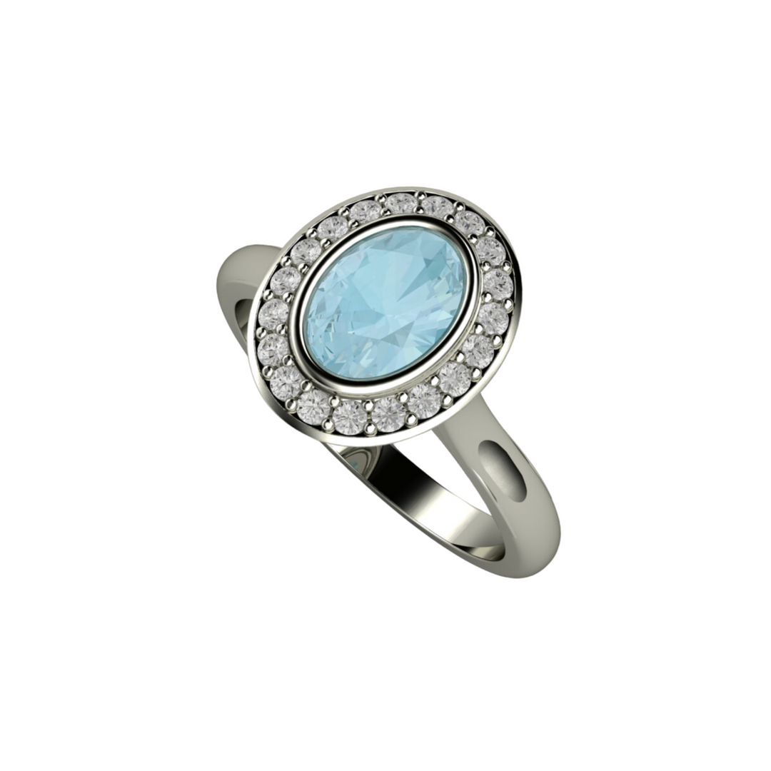 Natural Aquamarine Engagement Ring Oval Bezel Setting with Diamond Accents in Gold or Platinum from Rare Earth Jewelry.