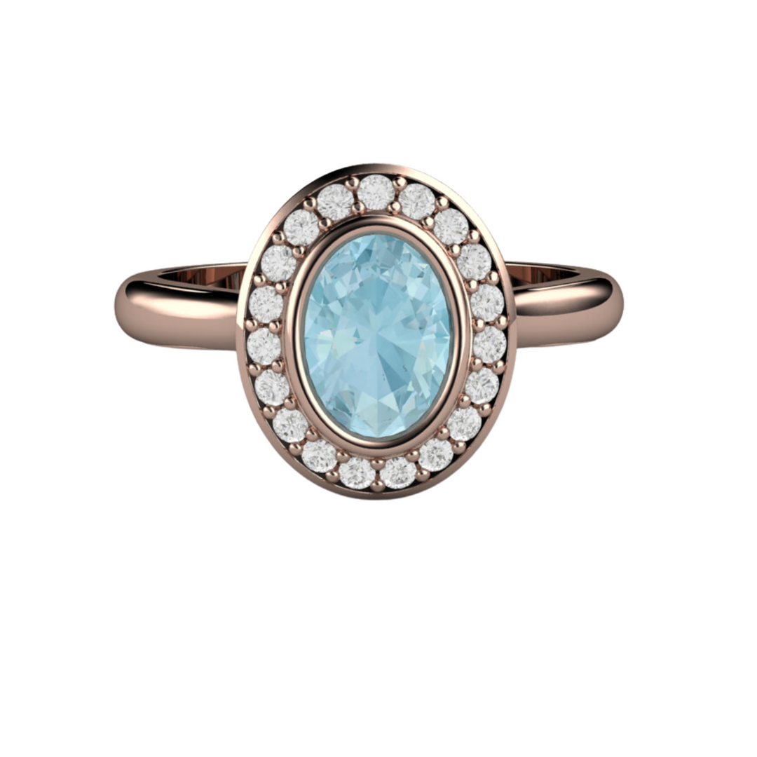 Natural Aquamarine Engagement Ring 14K Rose Gold Oval Bezel Setting with Diamond Halo