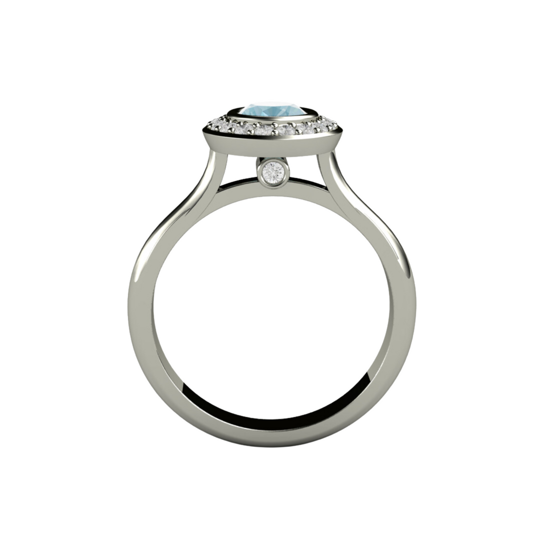 Oval Aquamarine Engagement Ring, Thru View showing cathedral setting and hidden Diamond in gallery  from Rare Earth Jewelry.