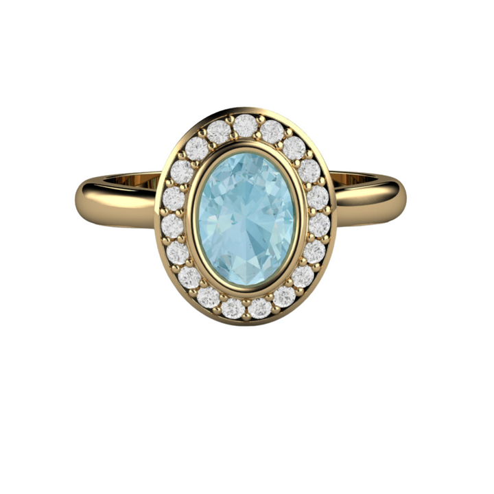 14K Yellow Gold Oval Aquamarine Ring, Modern Style Oval Halo Engagement Ring