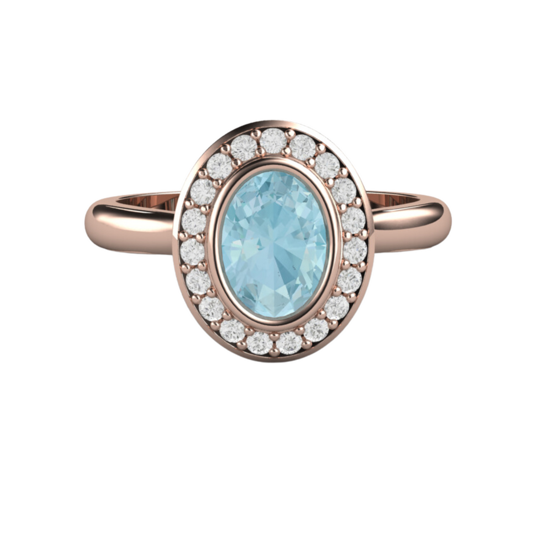 18K Rose Gold Aquamarine Engagement Ring Oval Halo Bezel Set with Diamond Accents, Natural Aquamarine Ring