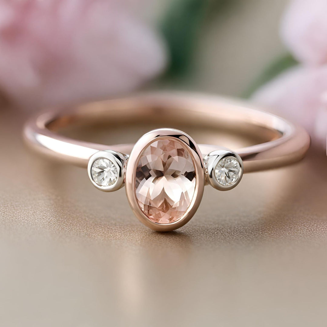 An oval Morganite engagement ring in a modern minimalist trio style bezel setting with diamonds in white and rose gold from Rare Earth Jewelry.