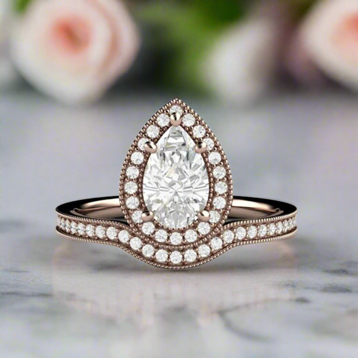 Inverted Pear Moissanite Engagement Ring, Upside Down Pear Cut, Vintage Style Diamond Halo | Rare Earth Jewelry