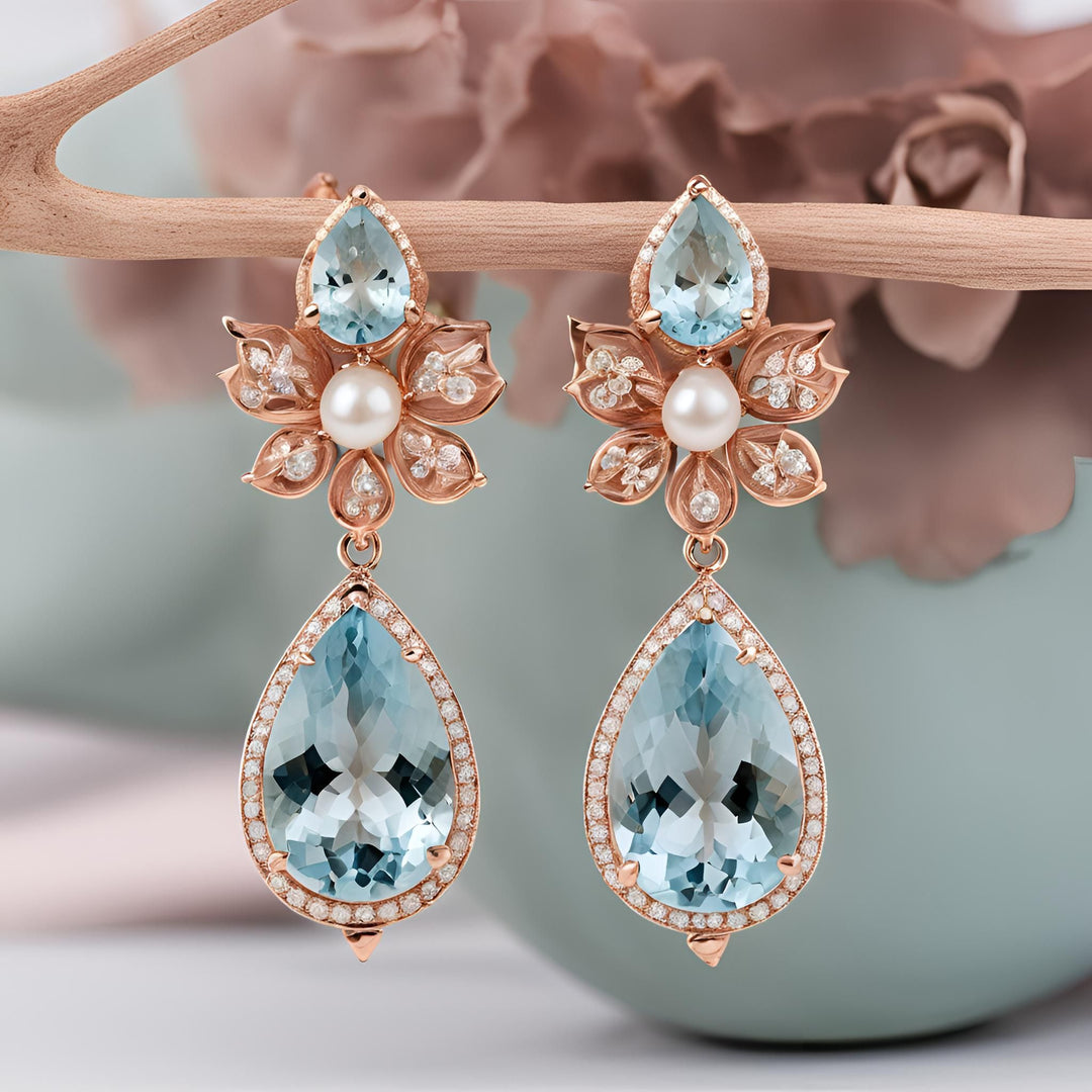 Pear cut natural Aquamarine and diamond earrings in rose gold dangles bridal style from Rare Earth Jewelry.