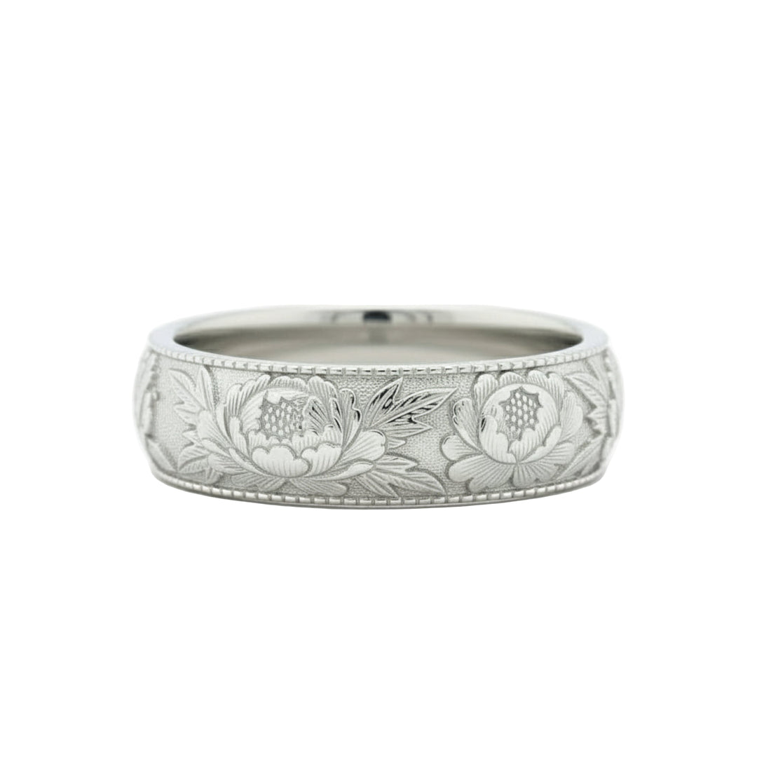 Peony floral engraved wedding band with detailed peony flower design, nature inspired botanical ring, 8mm wide in 14K White Gold | Rare Earth Jewelry