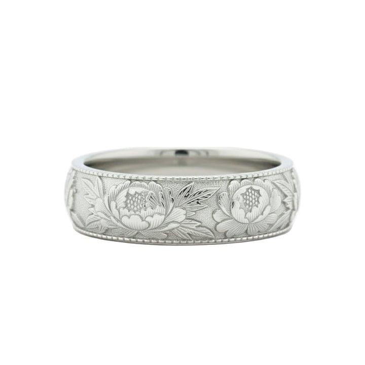 Peony floral engraved wedding band with detailed peony flower design, nature inspired botanical ring, 8mm wide in 14K White Gold | Rare Earth Jewelry