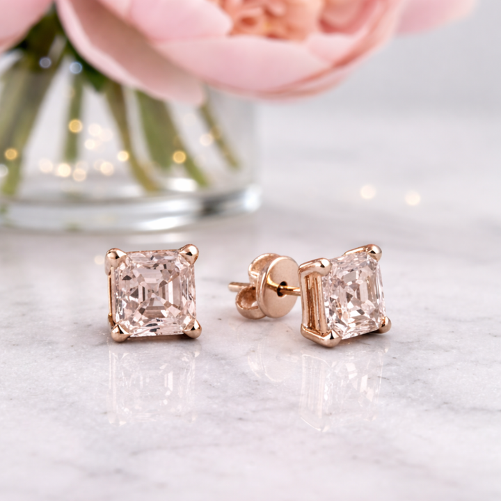 Rose Gold Morganite Studs, Morganite Asscher Cut Stud Earrings in 14K Gold | Rare Earth Jewelry