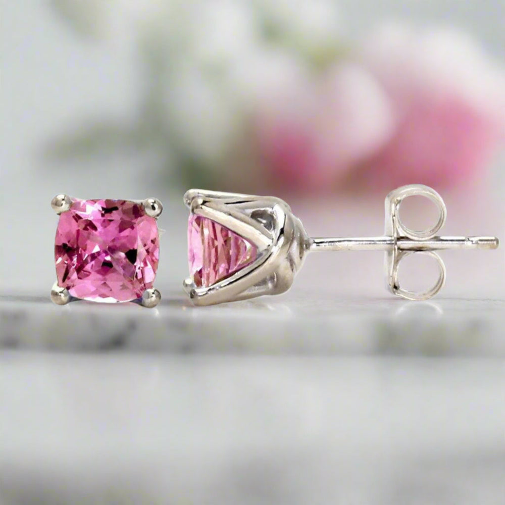 14K Gold Pink Sapphire Earrings, Cushion Cut Sapphire Studs, Lab Grown Pink Sapphire Stud Earrings | Rare Earth Jewelry