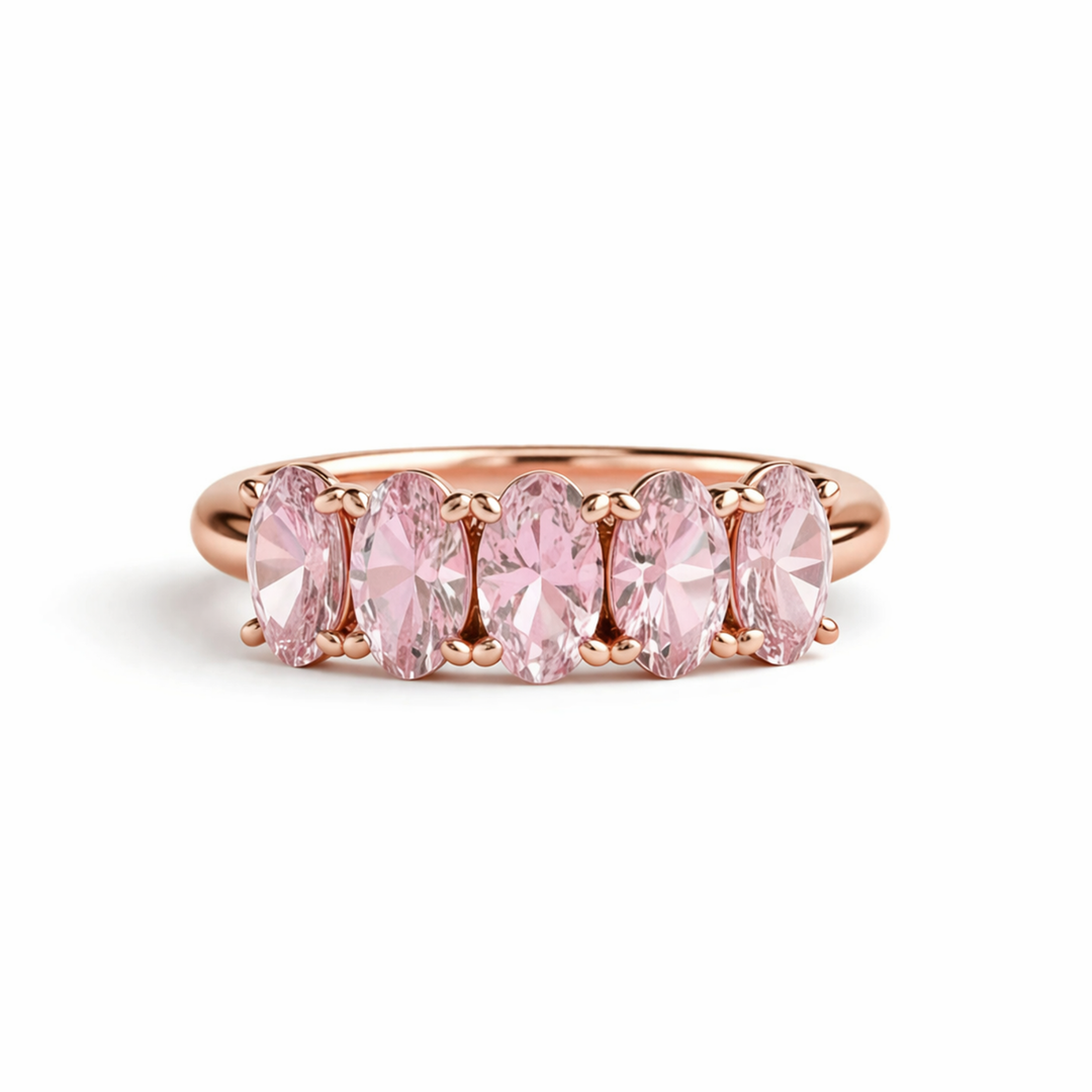 Light Pink Tourmaline Ring, 5 Stone Anniversary Band or Oval Stacking Ring in Rose Gold, October Birthstone Ring | Rare Earth Jewelry