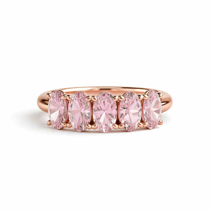 Light Pink Tourmaline Ring, 5 Stone Anniversary Band or Oval Stacking Ring in Rose Gold, October Birthstone Ring | Rare Earth Jewelry