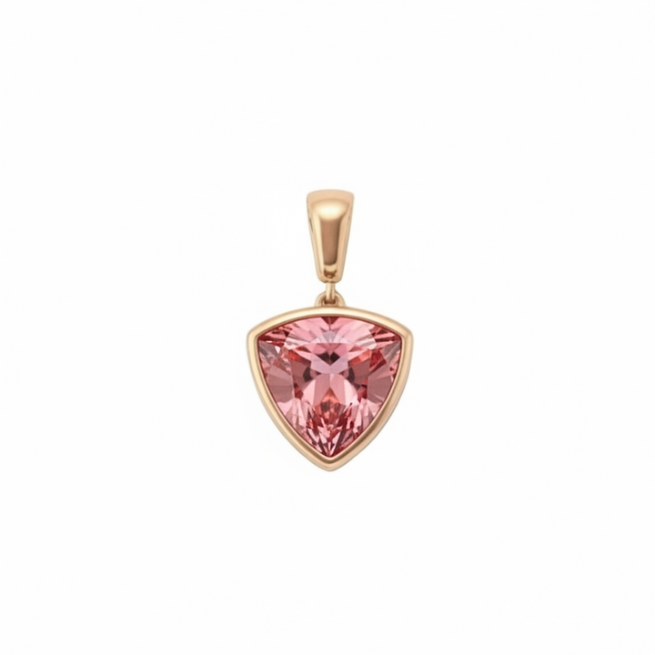 Pink Peach Sapphire Trillion Pendant in 14K Rose Gold Bezel Setting | Rare Earth Jewelry