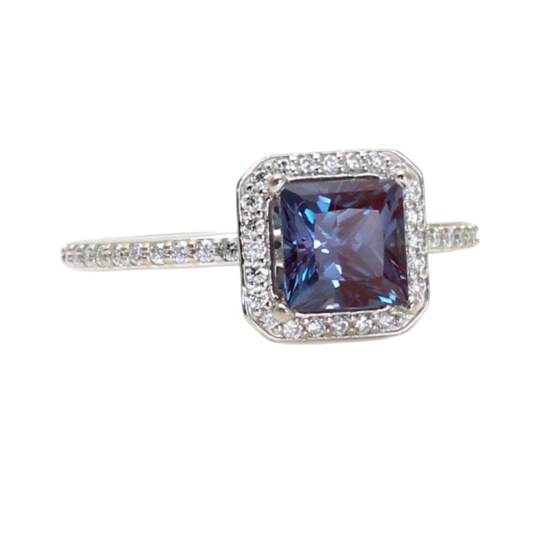 Lab Created Alexandrite Ring in 14K Gold, 18K Gold or Platinum with Square Princess Cut Alexandrite Color Changing Gemstone