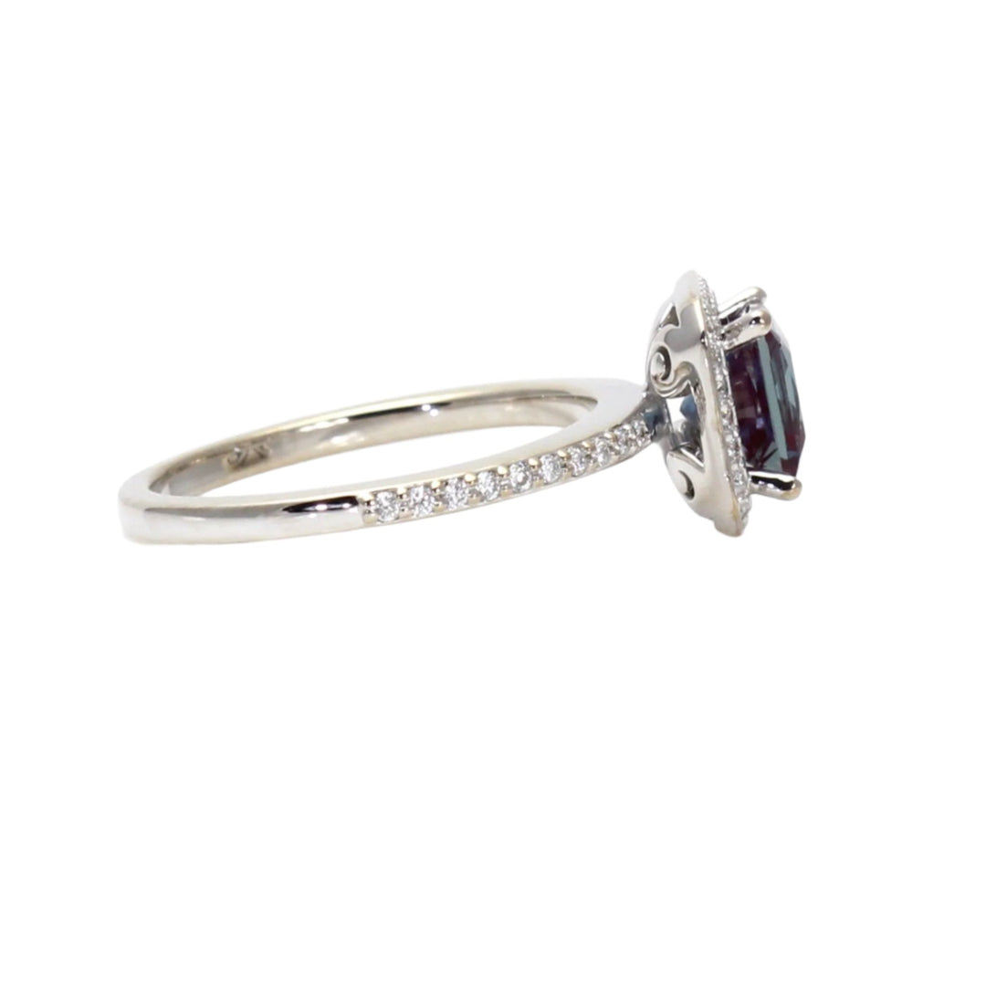 Side View of Princess Cut Alexandrite Engagement Ring Showing Diamond Accented Band. 