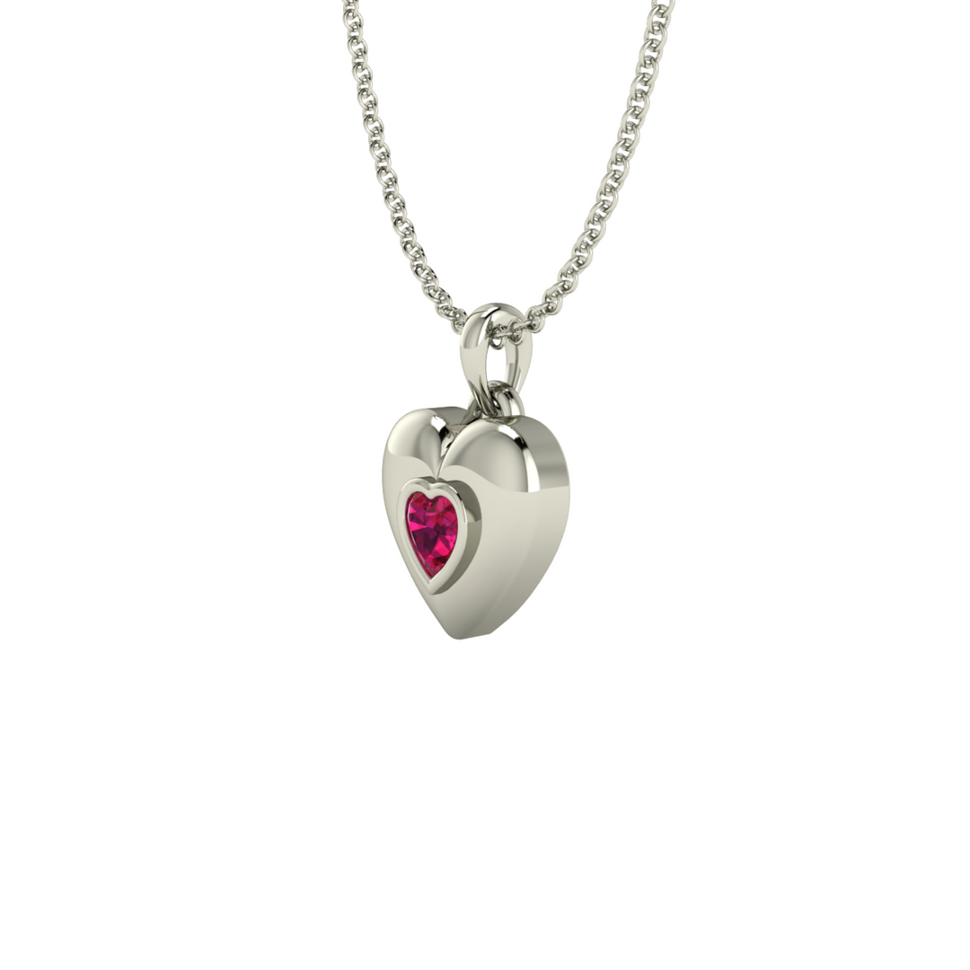 Puffy Ruby Heart Pendant Necklace, Bezel Set 14K Gold Adjustable Chain, Side View