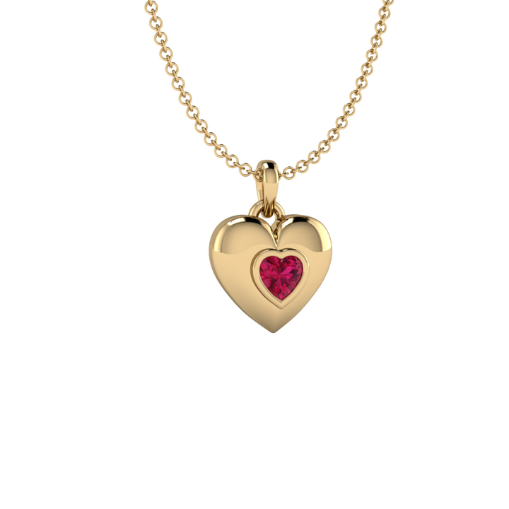 14K Gold Ruby Heart Necklace, Puffy Heart Pendant, July Birthday Gift