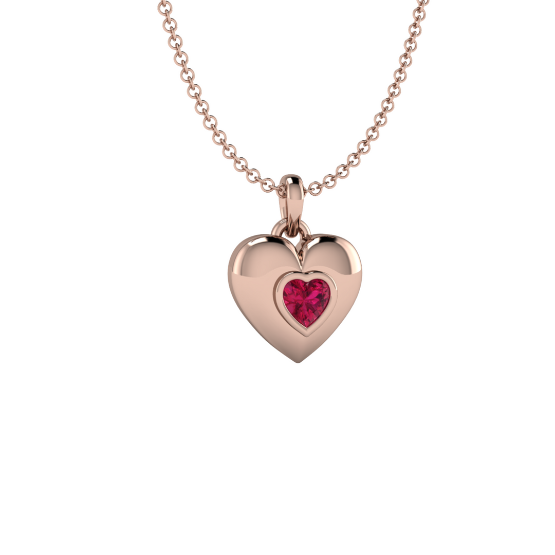 Ruby Heart Pendant, Bezel Set Ruby Necklace, July Birthstone Jewelry, 14K Rose Gold