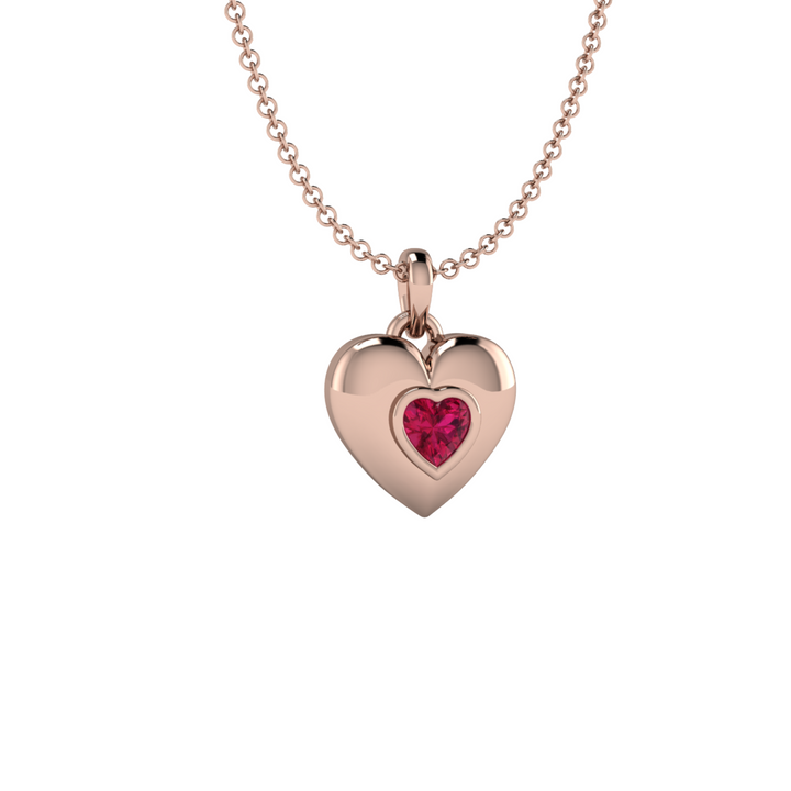 Ruby Heart Pendant, Bezel Set Ruby Necklace, July Birthstone Jewelry, 14K Rose Gold