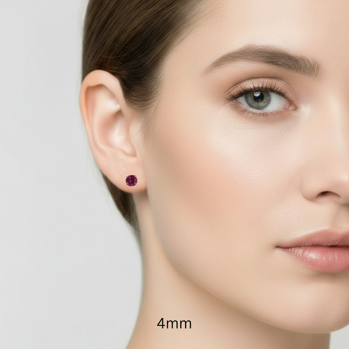 Natural Rhodolite Garnet Earrings, Round January Birthstone Studs, Red Garnet Stud Earrings in 14K Gold, 4mm studs on the ear | Rare Earth Jewelry