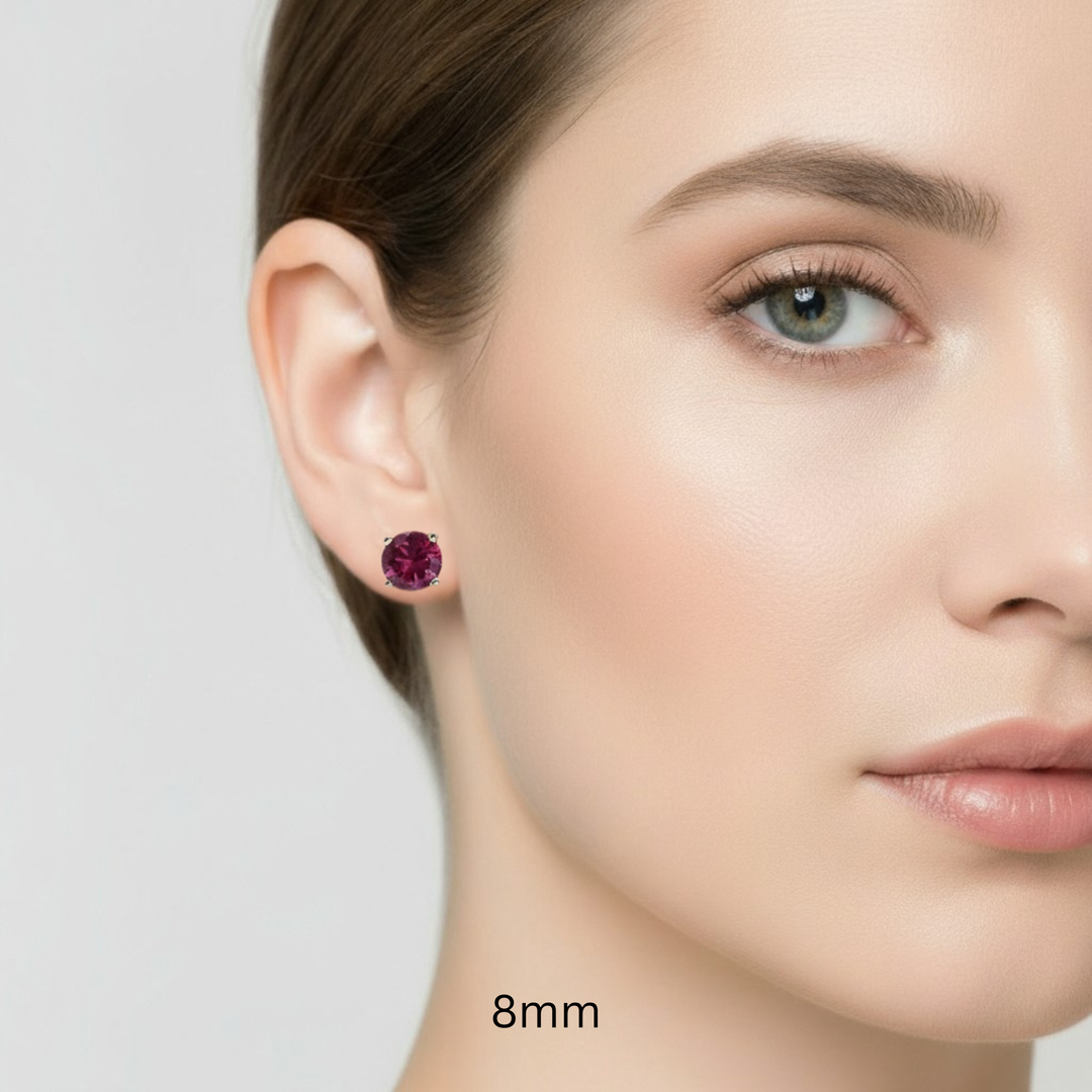 14K Gold Natural Rhodolite Garnet Earrings, Round January Birthstone Studs, 8mm Red Garnet Stud Earrings on the Ear | Rare Earth Jewelry