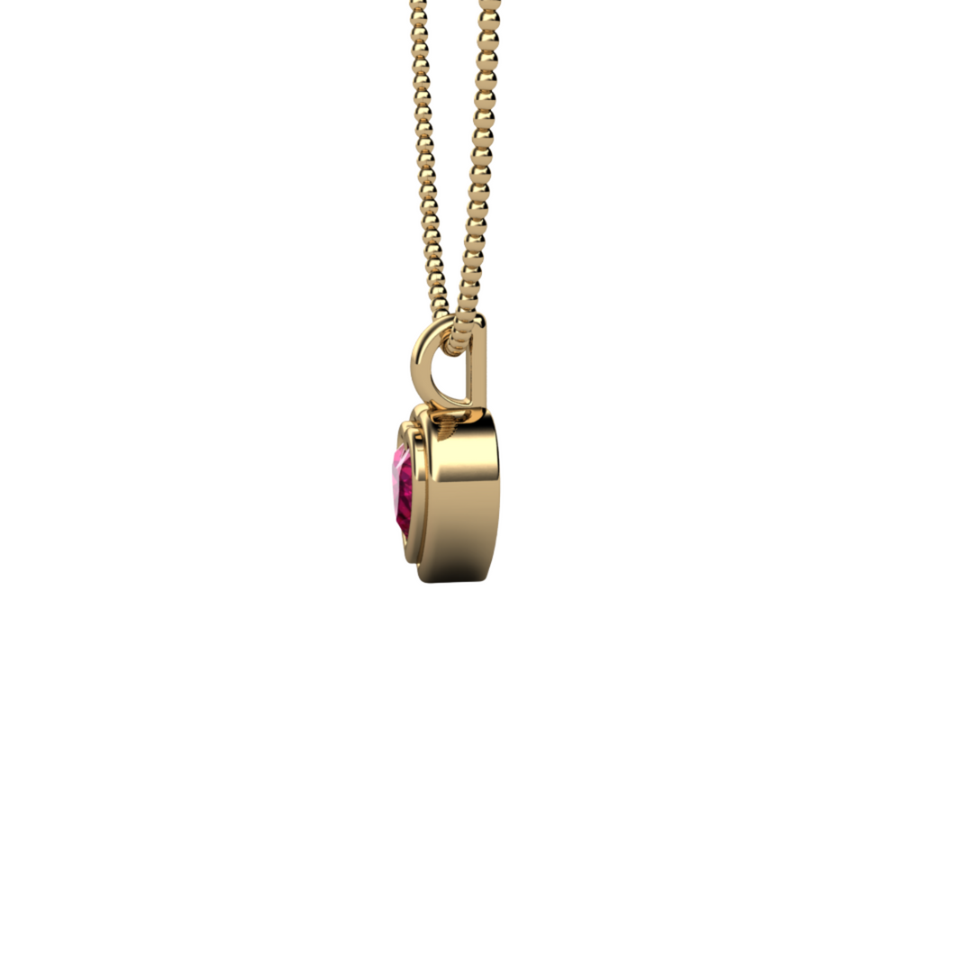 Ruby Heart Necklace, Bezel Set Ruby Pendant in 14K Gold, Side View